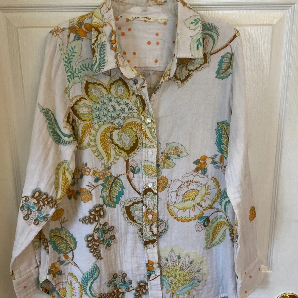 Lightweight Floral Button-Down Shirt - White with Green & Yellow Print - Picture 1 of 13